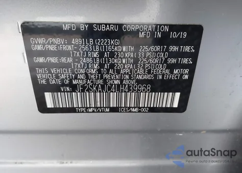 2020 Subaru Forester Premium z USA, uszkodzony, nr VIN JF2SKAJC4LH439968